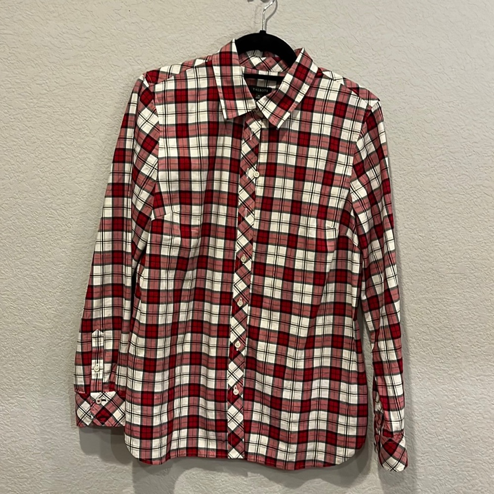 Talbots. M. Like new. Plaid shirt with gold thread accent